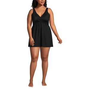 Land's End Plus Standard Slendersuit Wrap Mini Dress 1  piece swimsuit Black Var